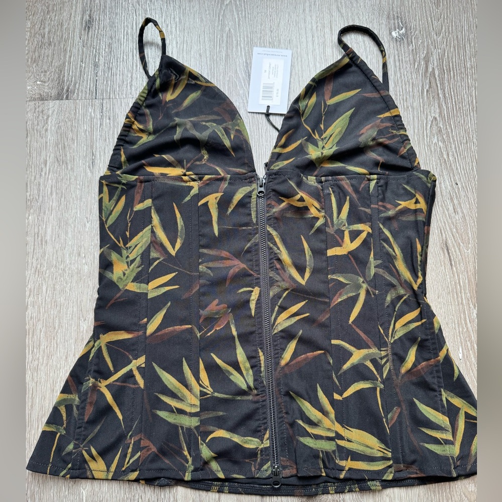 WeWoreWhat Zip Front Corset Top Women Size 10 Black Leaf Print NWT